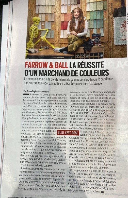 Magasine PARIS MATCH avec un article de la marque de prestige anglaise FARROW AND BALL à TOULON